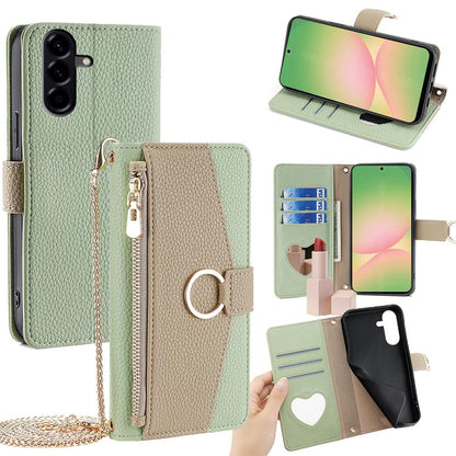 Samsung Galaxy A56 5G Crossbody Phone Case with Litchi Texture Leather, Adjustable Kickstand, Card Slots, Zipper Purse, Makeup Mirror, and TPU Protection