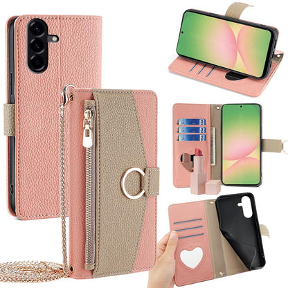 Samsung Galaxy A56 5G Crossbody Phone Case with Litchi Texture Leather, Adjustable Kickstand, Card Slots, Zipper Purse, Makeup Mirror, and TPU Protection