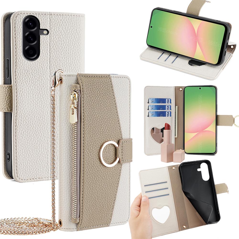 Samsung Galaxy A56 5G Crossbody Phone Case with Litchi Texture Leather, Adjustable Kickstand, Card Slots, Zipper Purse, Makeup Mirror, and TPU Protection