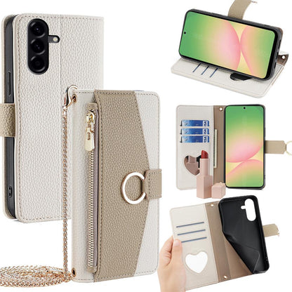 Samsung Galaxy A56 5G Crossbody Phone Case with Litchi Texture Leather, Adjustable Kickstand, Card Slots, Zipper Purse, Makeup Mirror, and TPU Protection