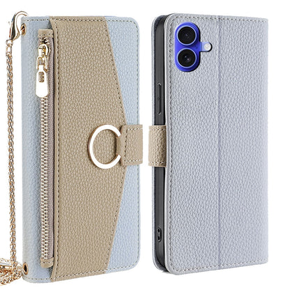 iPhone 16 Crossbody Phone Case with Litchi Texture Leather, Adjustable Kickstand, Card Slots, Zipper Purse, Makeup Mirror, and TPU Protection