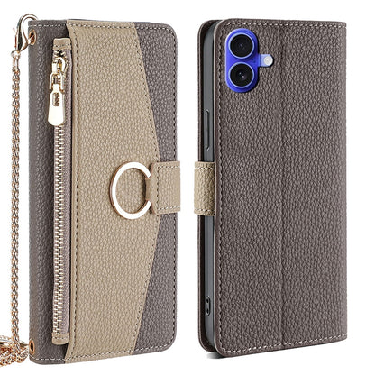 iPhone 16 Crossbody Phone Case with Litchi Texture Leather, Adjustable Kickstand, Card Slots, Zipper Purse, Makeup Mirror, and TPU Protection