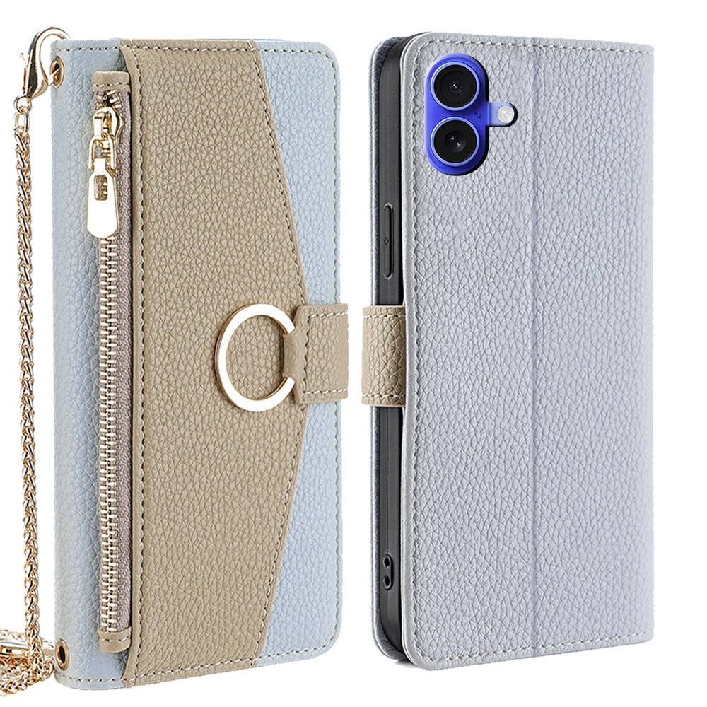 iPhone 16 Plus Crossbody Phone Case with Litchi Texture Leather, Adjustable Kickstand, Card Slots, Zipper Purse, Makeup Mirror, and TPU Protection