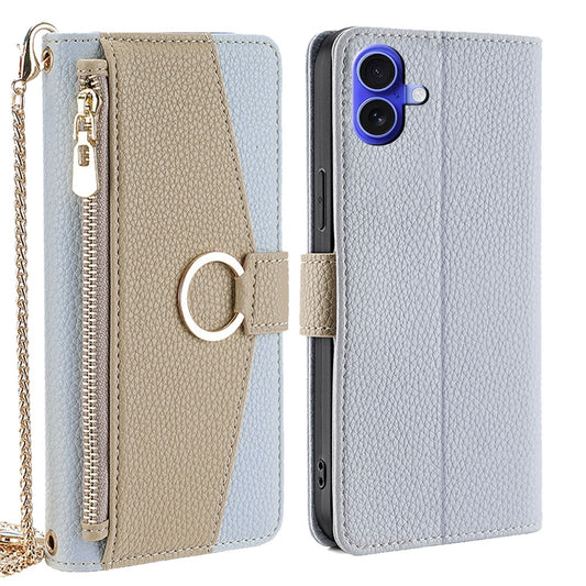 iPhone 16 Plus Crossbody Phone Case with Litchi Texture Leather, Adjustable Kickstand, Card Slots, Zipper Purse, Makeup Mirror, and TPU Protection