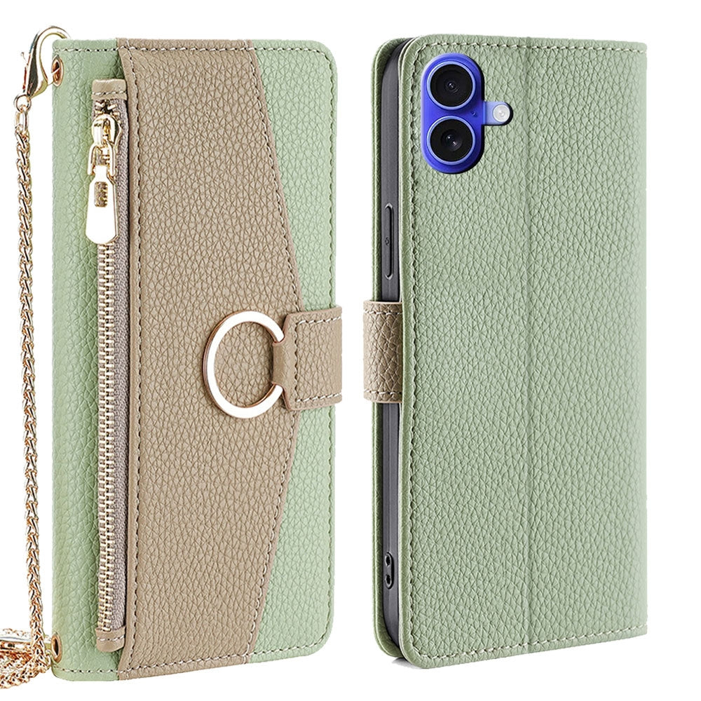 iPhone 16 Plus Crossbody Phone Case with Litchi Texture Leather, Adjustable Kickstand, Card Slots, Zipper Purse, Makeup Mirror, and TPU Protection
