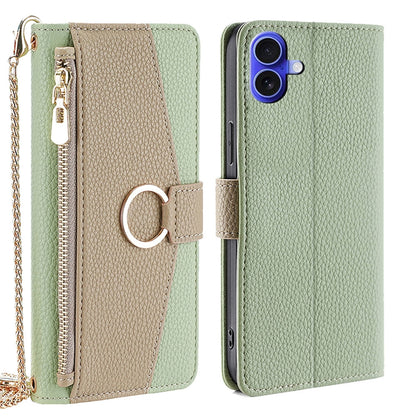 iPhone 16 Plus Crossbody Phone Case with Litchi Texture Leather, Adjustable Kickstand, Card Slots, Zipper Purse, Makeup Mirror, and TPU Protection