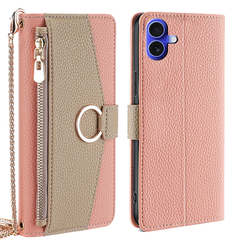 iPhone 16 Plus Crossbody Phone Case with Litchi Texture Leather, Adjustable Kickstand, Card Slots, Zipper Purse, Makeup Mirror, and TPU Protection