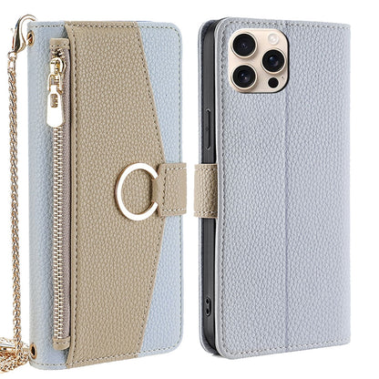 iPhone 16 Pro Crossbody Phone Case with Litchi Texture Leather, Adjustable Kickstand, Card Slots, Zipper Purse, Makeup Mirror, and TPU Protection