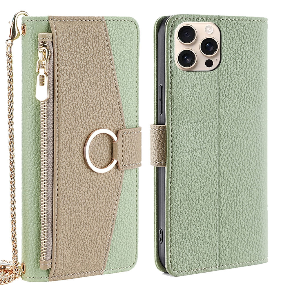 iPhone 16 Pro Crossbody Phone Case with Litchi Texture Leather, Adjustable Kickstand, Card Slots, Zipper Purse, Makeup Mirror, and TPU Protection