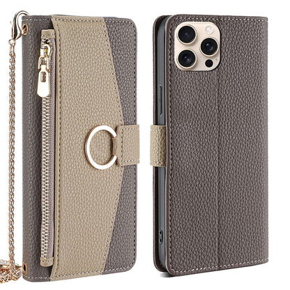 iPhone 16 Pro Crossbody Phone Case with Litchi Texture Leather, Adjustable Kickstand, Card Slots, Zipper Purse, Makeup Mirror, and TPU Protection