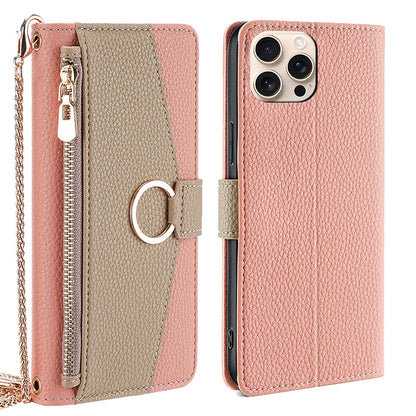 iPhone 16 Pro Crossbody Phone Case with Litchi Texture Leather, Adjustable Kickstand, Card Slots, Zipper Purse, Makeup Mirror, and TPU Protection