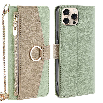 iPhone 16 Pro Max Crossbody Phone Case with Litchi Texture Leather, Adjustable Kickstand, Card Slots, Zipper Purse, Makeup Mirror, and TPU Protection