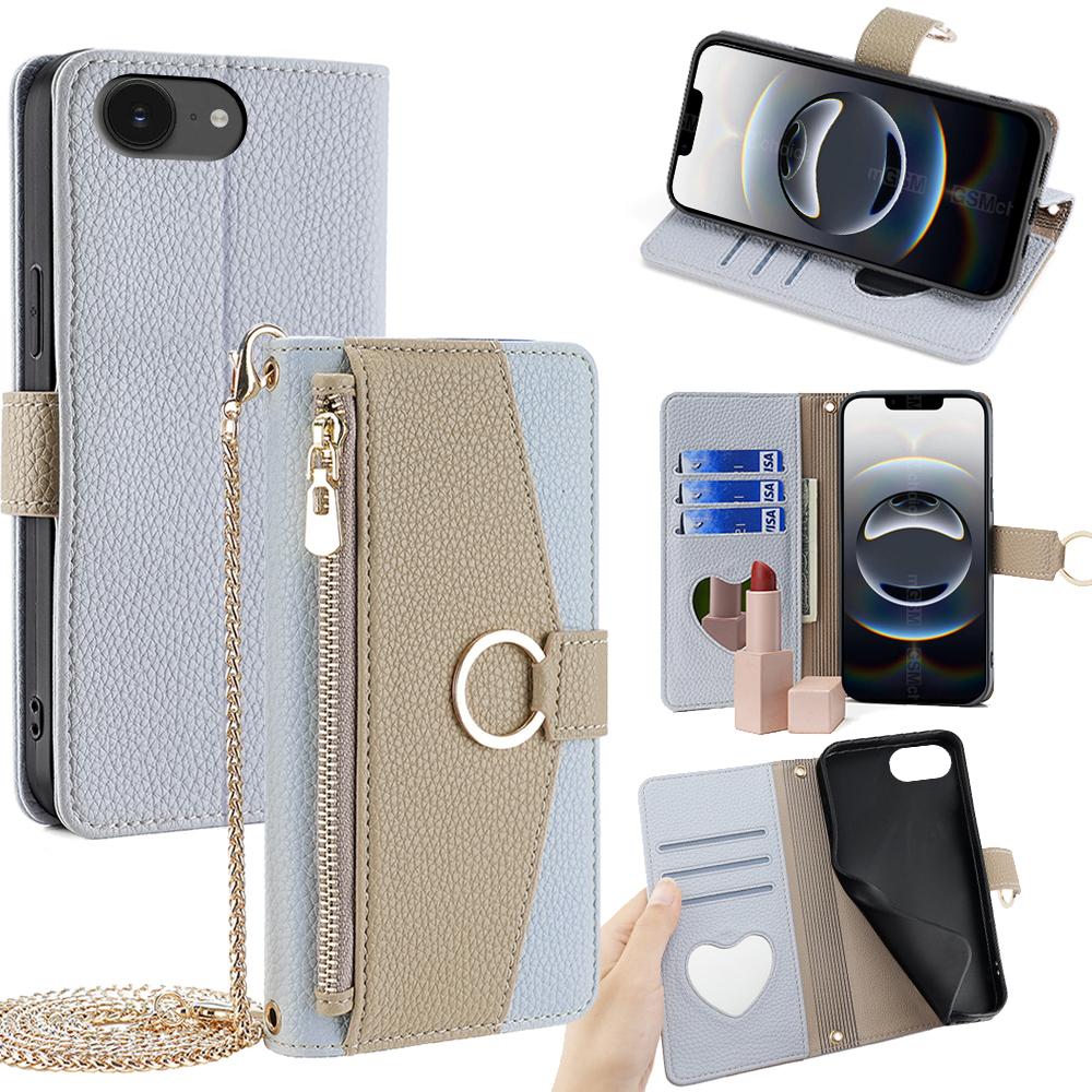 iPhone 16e Crossbody Phone Case with Litchi Texture Leather, Adjustable Kickstand, Card Slots, Zipper Purse, Makeup Mirror, and TPU Protection
