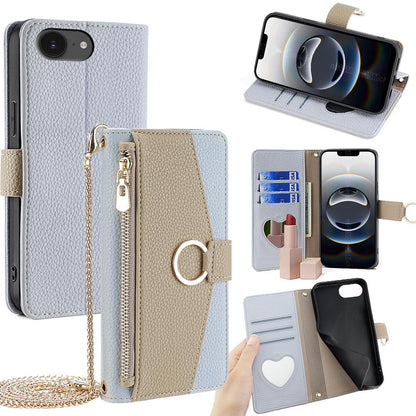 iPhone 16e Crossbody Phone Case with Litchi Texture Leather, Adjustable Kickstand, Card Slots, Zipper Purse, Makeup Mirror, and TPU Protection