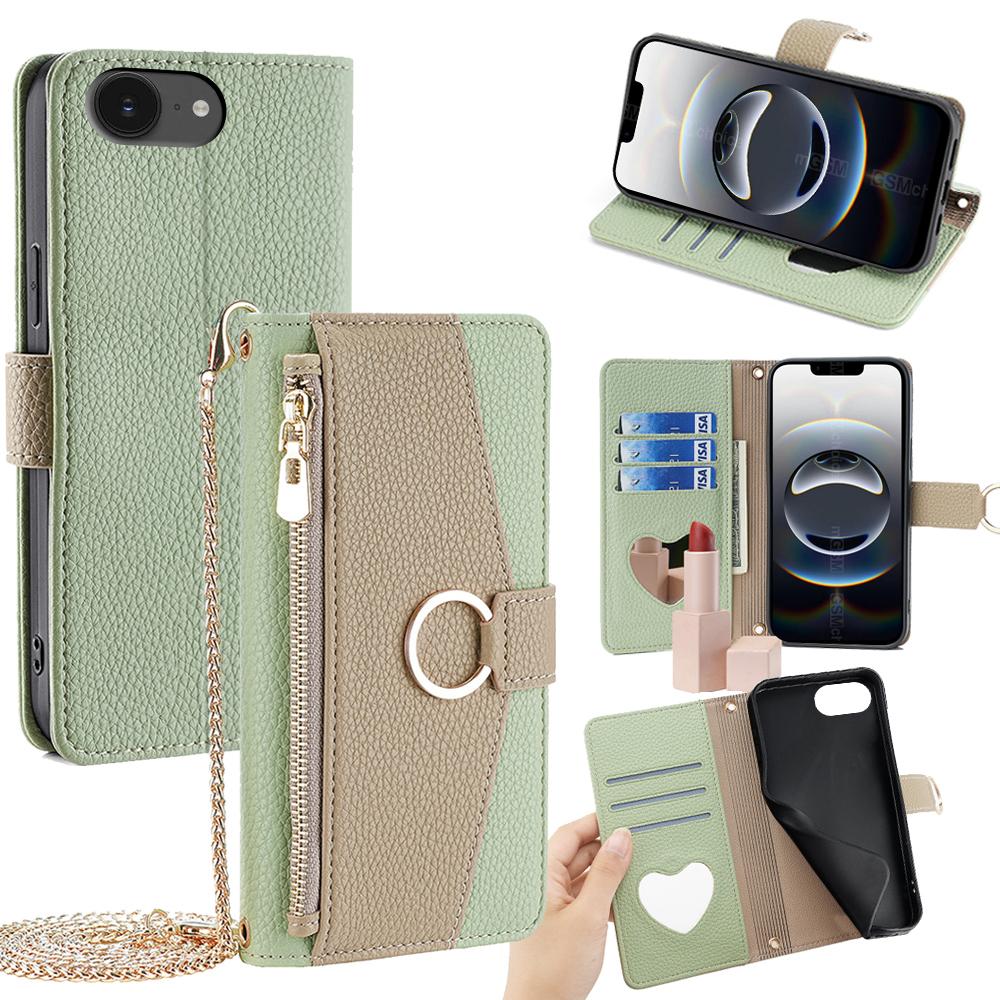 iPhone 16e Crossbody Phone Case with Litchi Texture Leather, Adjustable Kickstand, Card Slots, Zipper Purse, Makeup Mirror, and TPU Protection