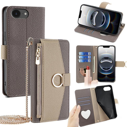 iPhone 16e Crossbody Phone Case with Litchi Texture Leather, Adjustable Kickstand, Card Slots, Zipper Purse, Makeup Mirror, and TPU Protection