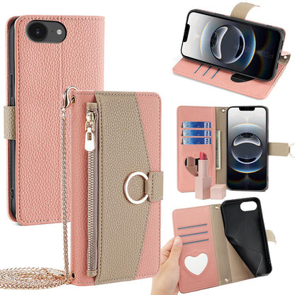 iPhone 16e Crossbody Phone Case with Litchi Texture Leather, Adjustable Kickstand, Card Slots, Zipper Purse, Makeup Mirror, and TPU Protection