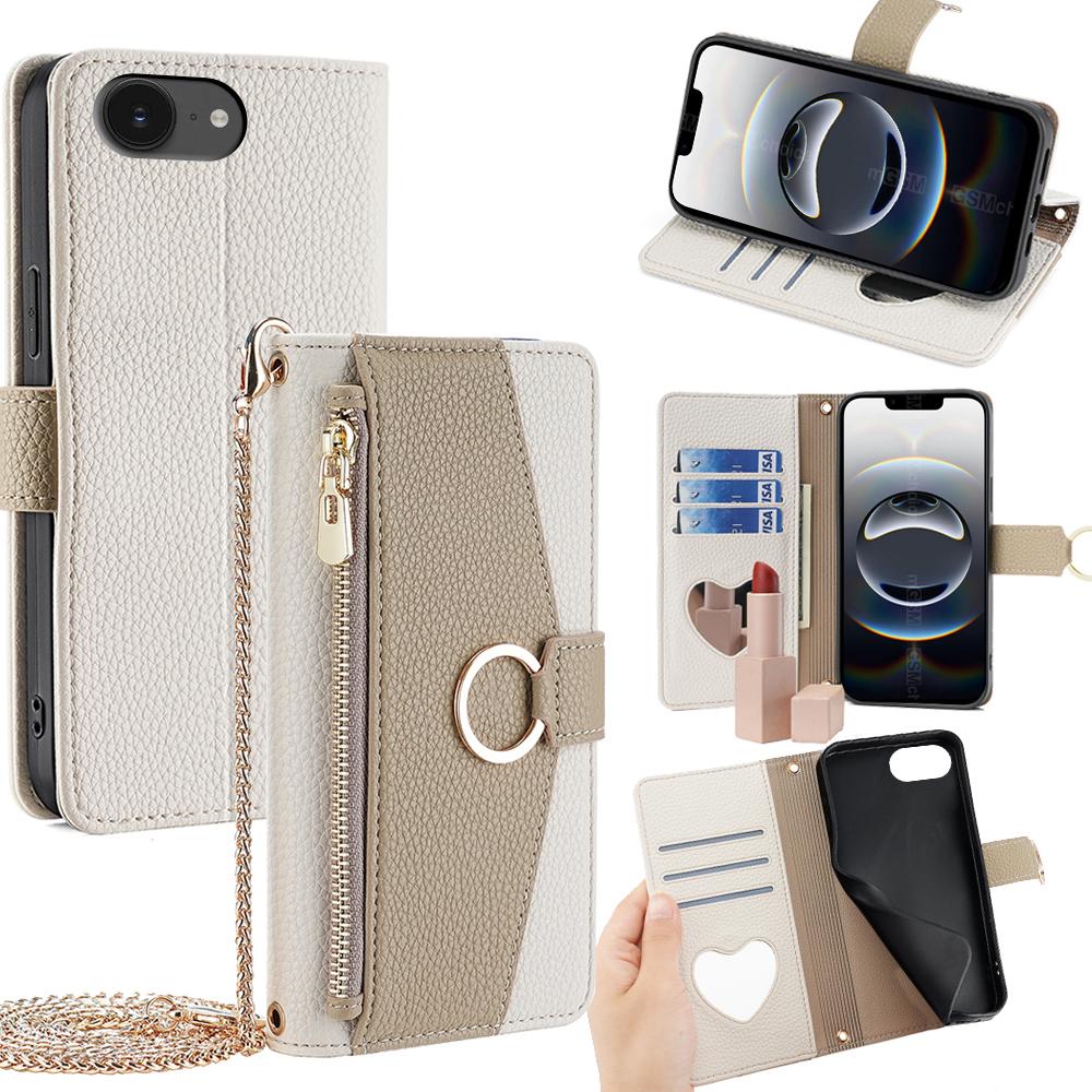 iPhone 16e Crossbody Phone Case with Litchi Texture Leather, Adjustable Kickstand, Card Slots, Zipper Purse, Makeup Mirror, and TPU Protection