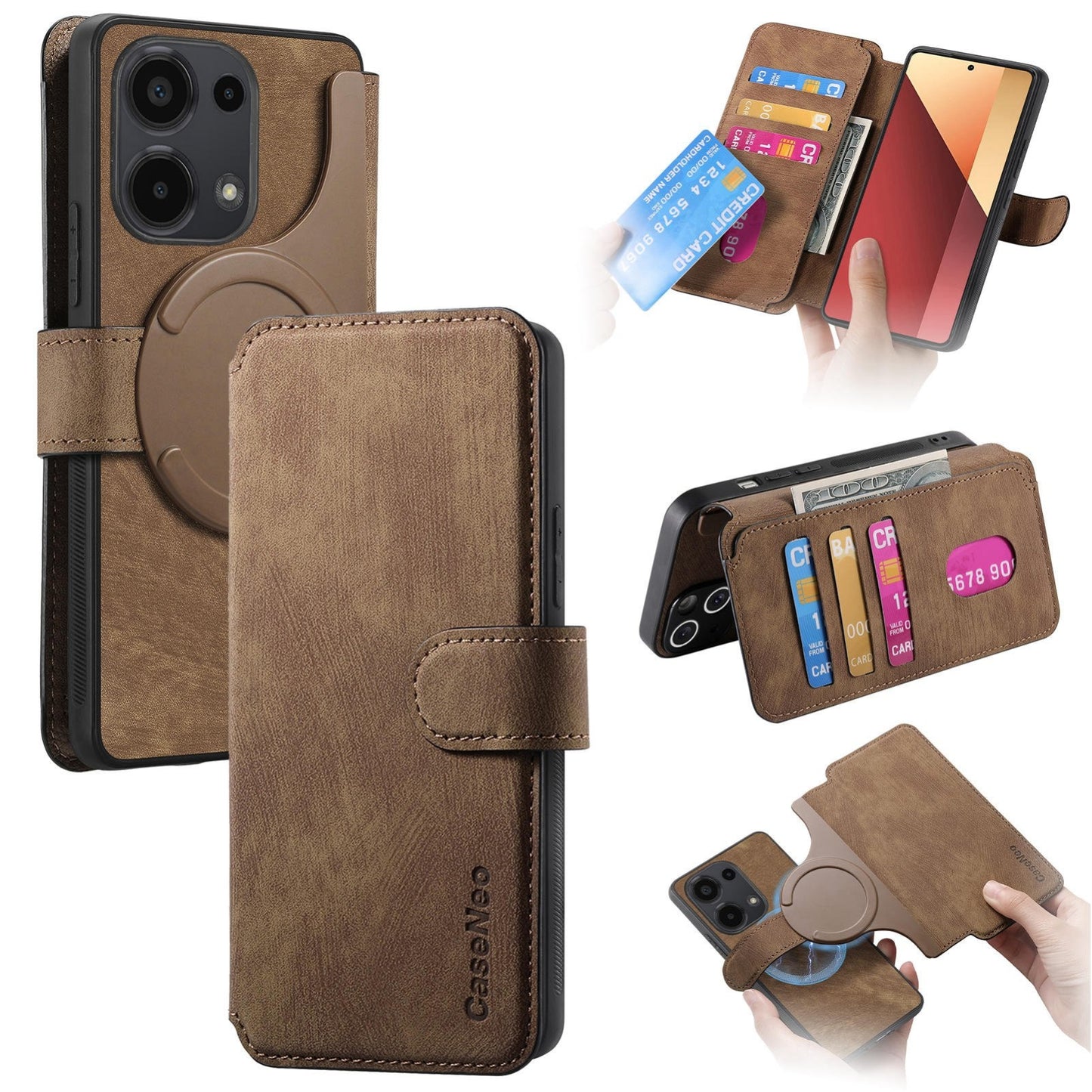 Redmi Note 13 Pro 4G Retro Leather Phone Case with Enhanced MagSafe Wireless Charging, RFID Anti-theft Protection, Kickstand & Magnetic Lock Wallet Cover