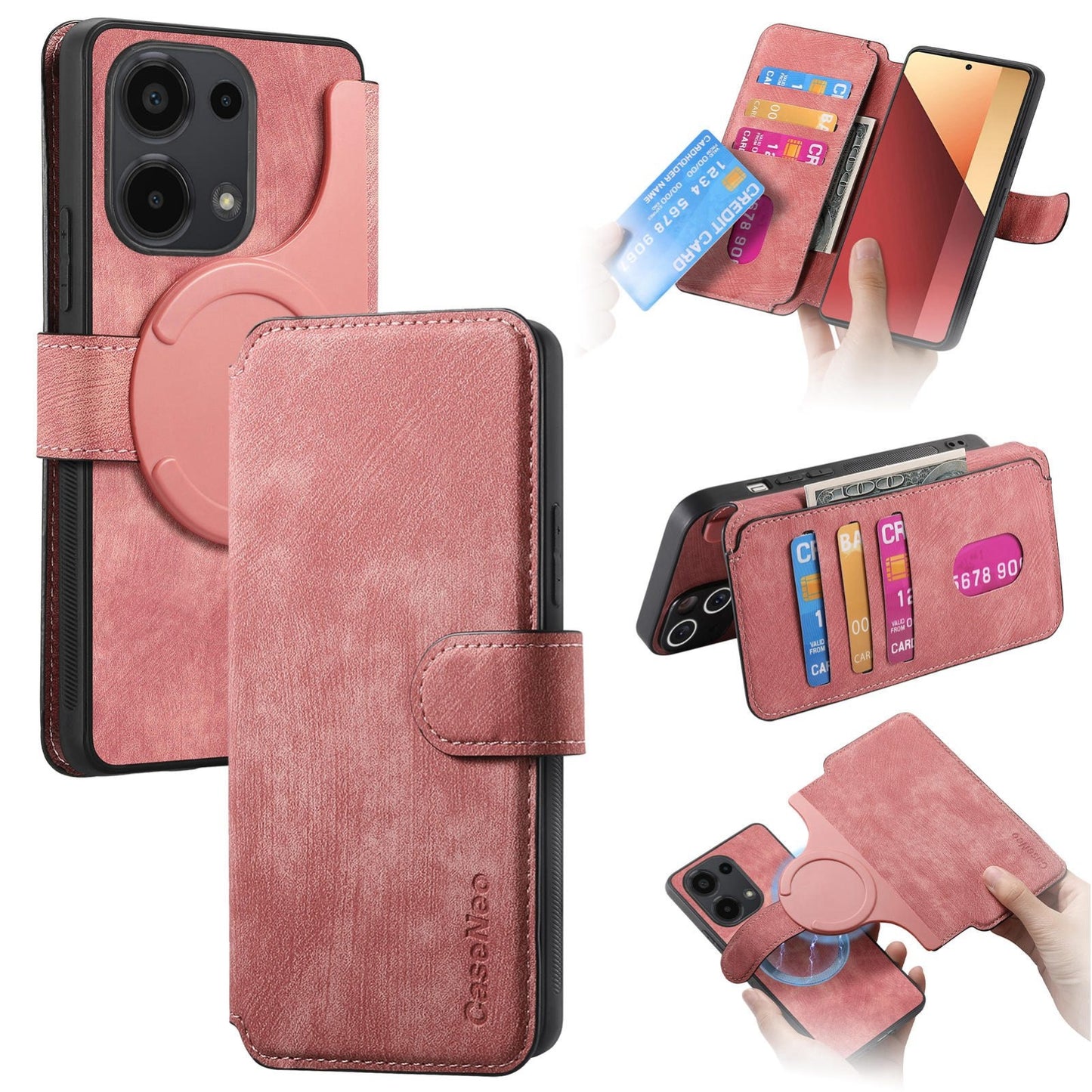 Redmi Note 13 Pro 4G Retro Leather Phone Case with Enhanced MagSafe Wireless Charging, RFID Anti-theft Protection, Kickstand & Magnetic Lock Wallet Cover