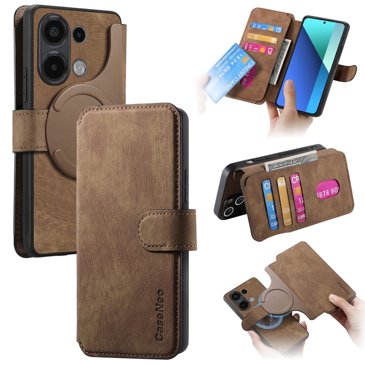 Redmi Note 13 4G Retro Leather Phone Case with Enhanced MagSafe Wireless Charging, RFID Anti-theft Protection, Kickstand & Magnetic Lock Wallet Cover