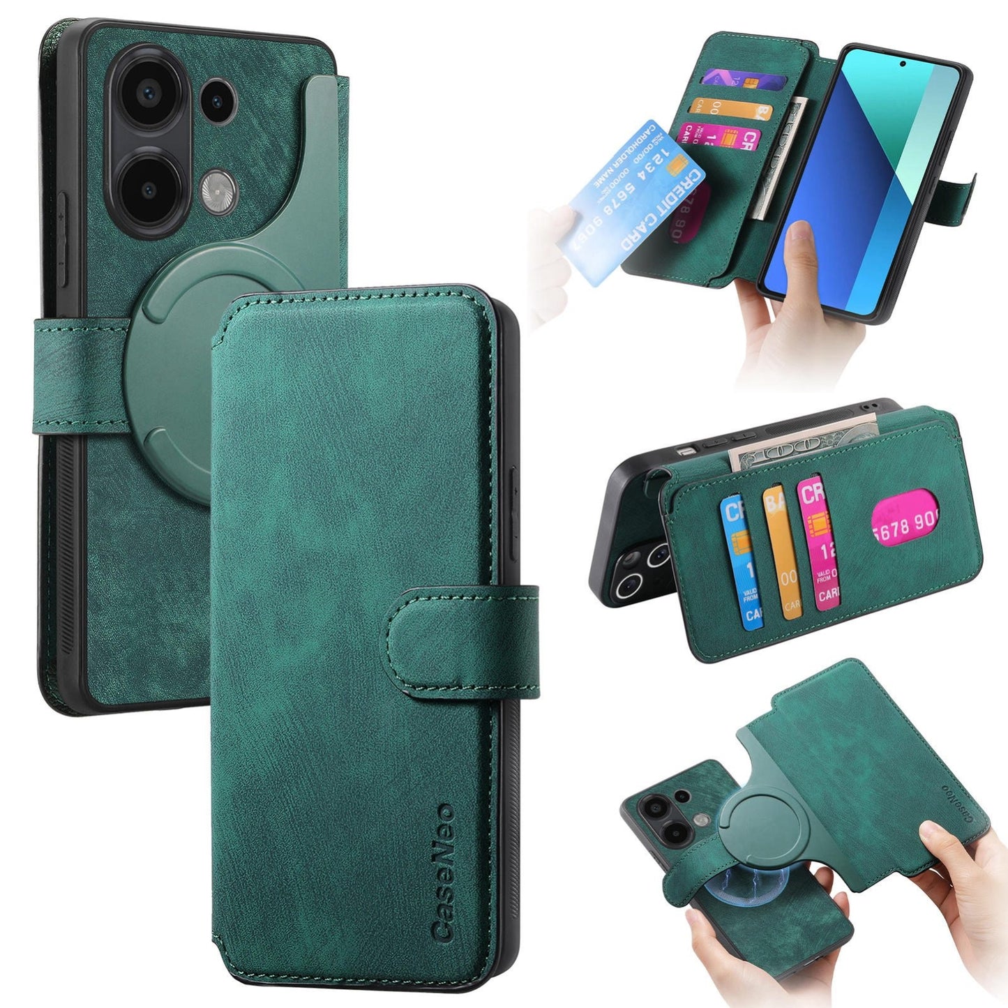 Redmi Note 13 4G Retro Leather Phone Case with Enhanced MagSafe Wireless Charging, RFID Anti-theft Protection, Kickstand & Magnetic Lock Wallet Cover