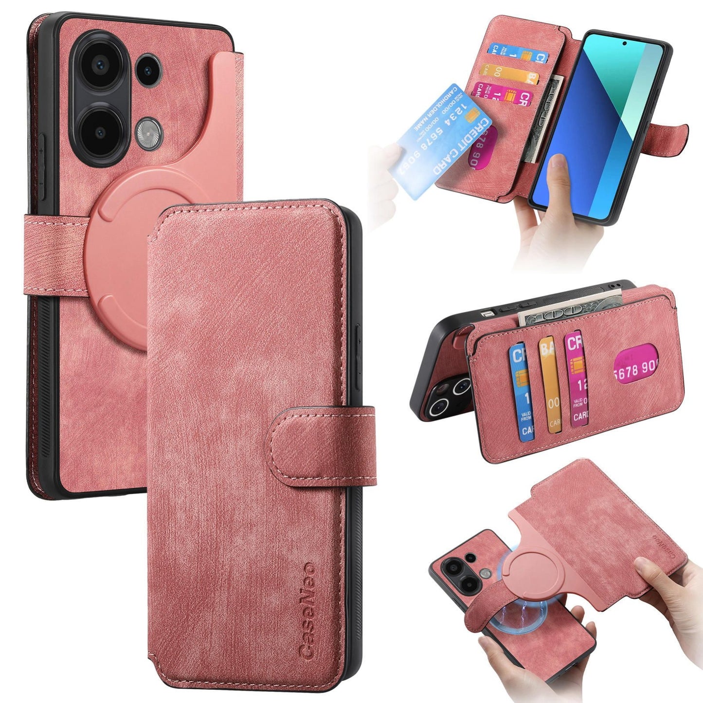 Redmi Note 13 4G Retro Leather Phone Case with Enhanced MagSafe Wireless Charging, RFID Anti-theft Protection, Kickstand & Magnetic Lock Wallet Cover