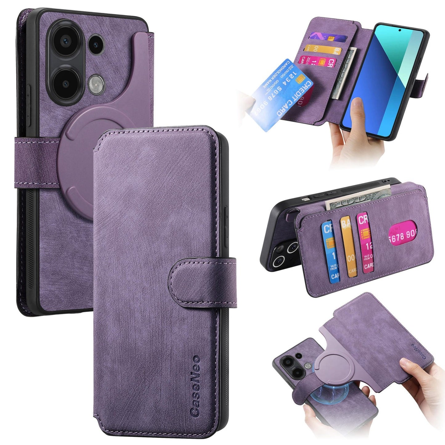 Redmi Note 13 4G Retro Leather Phone Case with Enhanced MagSafe Wireless Charging, RFID Anti-theft Protection, Kickstand & Magnetic Lock Wallet Cover