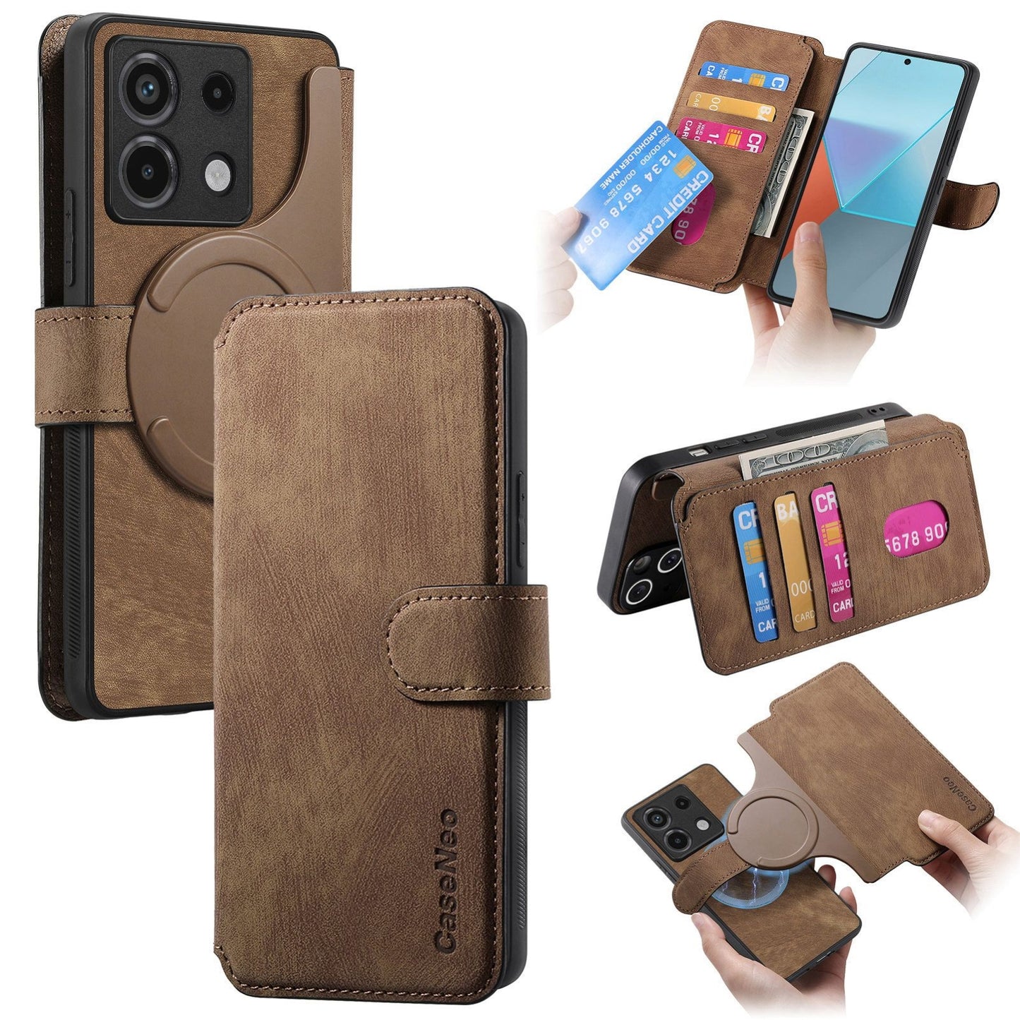 Redmi Note 13 Pro 5G Retro Leather Phone Case with Enhanced MagSafe Wireless Charging, RFID Anti-theft Protection, Kickstand & Magnetic Lock Wallet Cover