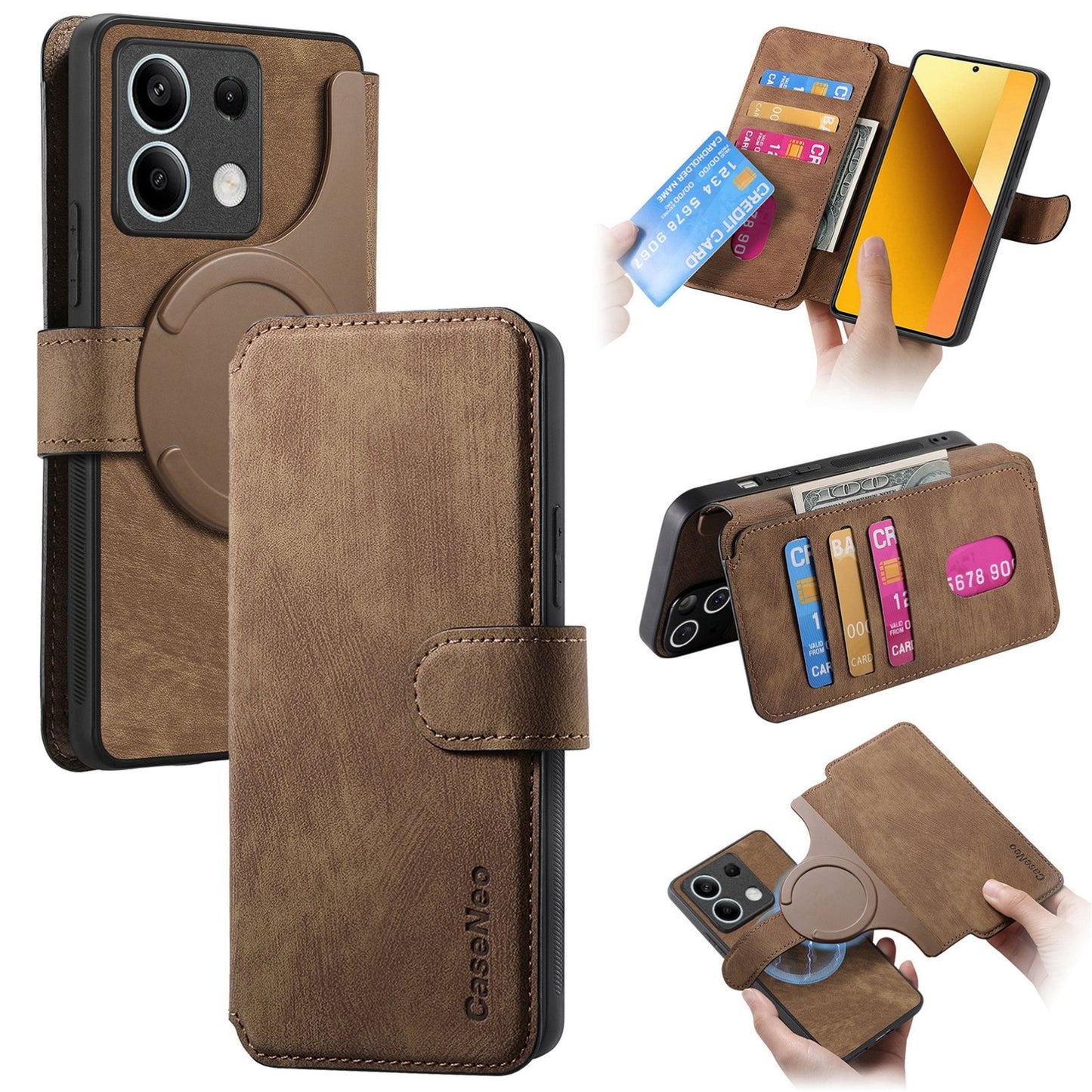 Redmi Note 13 5G Retro Leather Phone Case with Enhanced MagSafe Wireless Charging, RFID Anti-theft Protection, Kickstand & Magnetic Lock Wallet Cover
