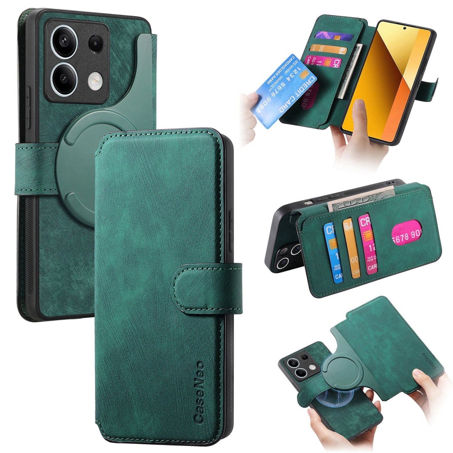 Redmi Note 13 5G Retro Leather Phone Case with Enhanced MagSafe Wireless Charging, RFID Anti-theft Protection, Kickstand & Magnetic Lock Wallet Cover