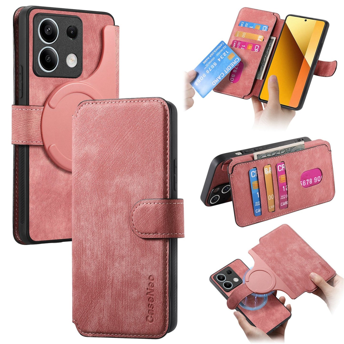 Redmi Note 13 5G Retro Leather Phone Case with Enhanced MagSafe Wireless Charging, RFID Anti-theft Protection, Kickstand & Magnetic Lock Wallet Cover