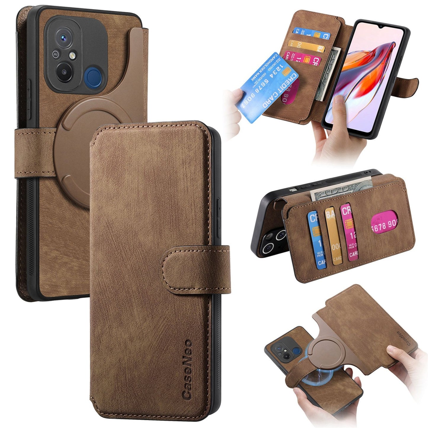 Redmi 12C Retro Leather Phone Case with Enhanced MagSafe Wireless Charging, RFID Anti-theft Protection, Kickstand & Magnetic Lock Wallet Cover