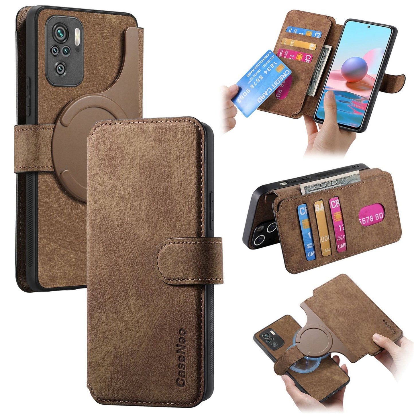 Redmi Note 10S Retro Leather Phone Case with Enhanced MagSafe Wireless Charging, RFID Anti-theft Protection, Kickstand & Magnetic Lock Wallet Cover
