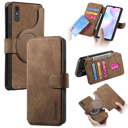 Redmi 9A Retro Leather Phone Case with Enhanced MagSafe Wireless Charging, RFID Anti-theft Protection, Kickstand & Magnetic Lock Wallet Cover