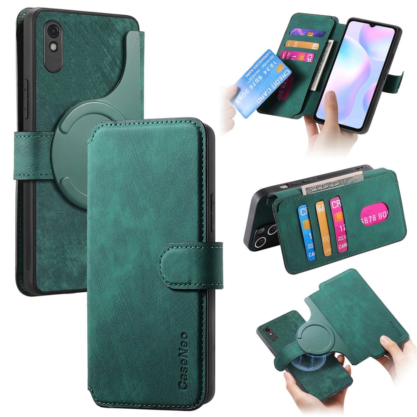 Redmi 9A Retro Leather Phone Case with Enhanced MagSafe Wireless Charging, RFID Anti-theft Protection, Kickstand & Magnetic Lock Wallet Cover