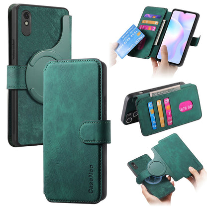 Redmi 9A Retro Leather Phone Case with Enhanced MagSafe Wireless Charging, RFID Anti-theft Protection, Kickstand & Magnetic Lock Wallet Cover