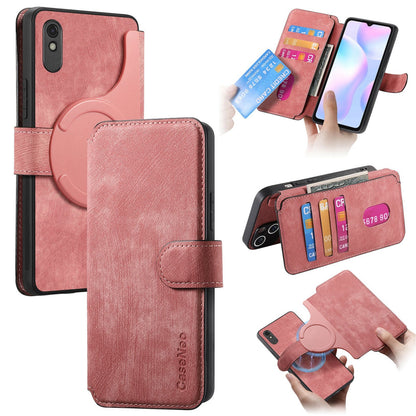 Redmi 9A Retro Leather Phone Case with Enhanced MagSafe Wireless Charging, RFID Anti-theft Protection, Kickstand & Magnetic Lock Wallet Cover