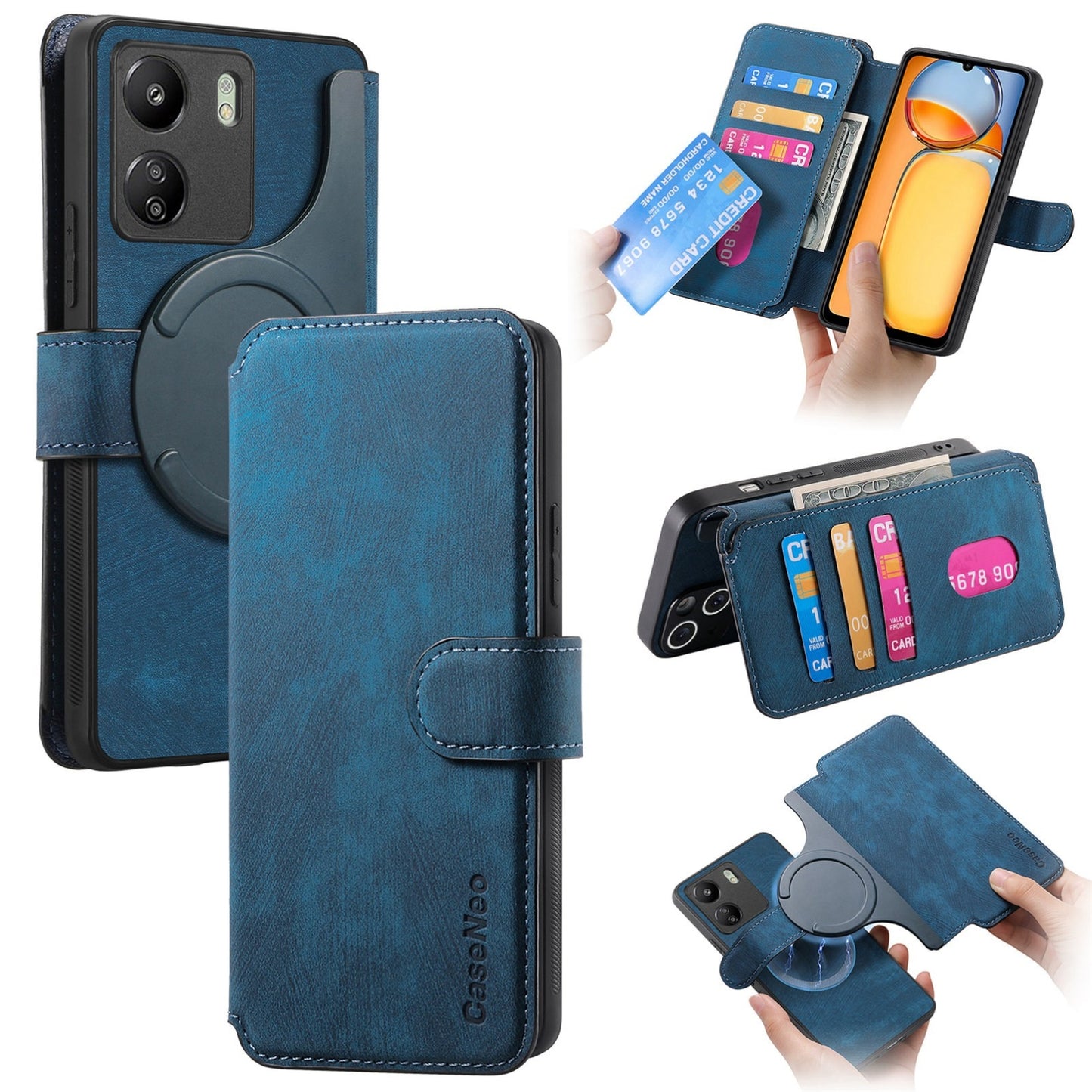 Redmi 13C 4G/13R Retro Leather Phone Case with Enhanced MagSafe Wireless Charging, RFID Anti-theft Protection, Kickstand & Magnetic Lock Wallet Cover