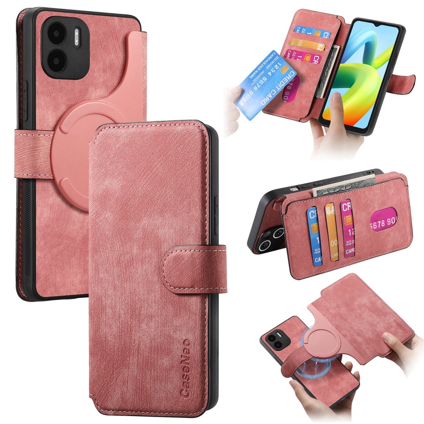 Redmi A1 Retro Leather Phone Case with Enhanced MagSafe Wireless Charging, RFID Anti-theft Protection, Kickstand & Magnetic Lock Wallet Cover