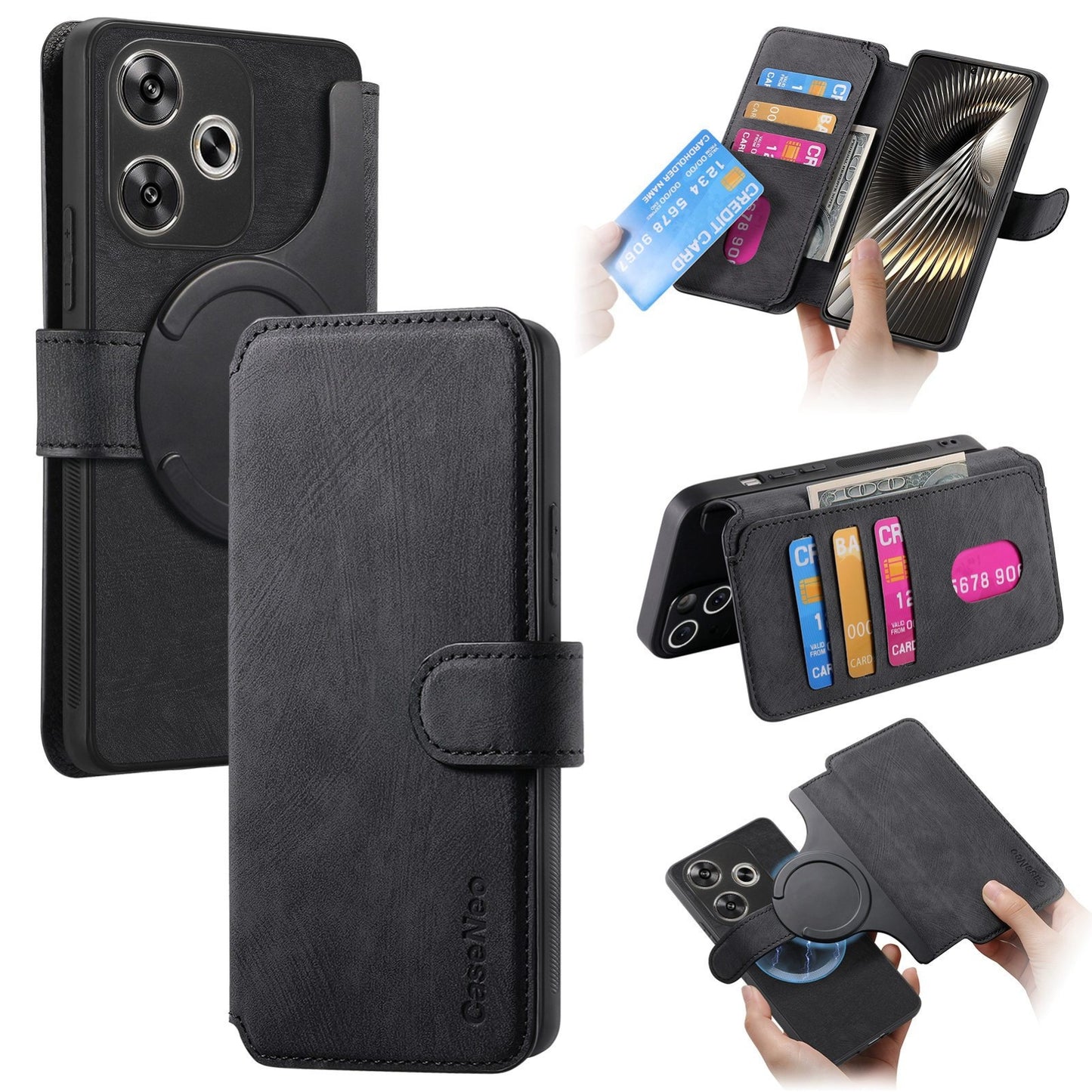 Xiaomi Poco F6 Retro Leather Phone Case with Enhanced MagSafe Wireless Charging, RFID Anti-theft Protection, Kickstand & Magnetic Lock Wallet Cover