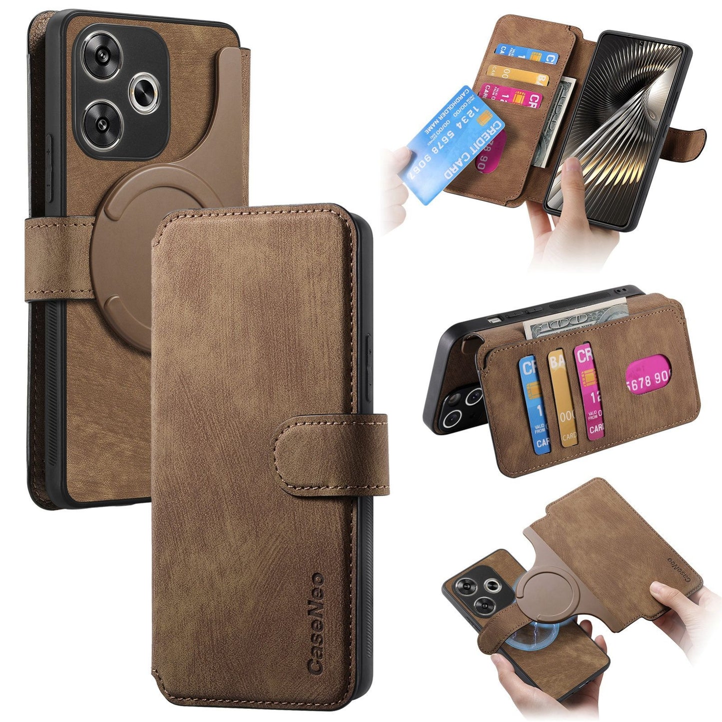 Xiaomi Poco F6 Retro Leather Phone Case with Enhanced MagSafe Wireless Charging, RFID Anti-theft Protection, Kickstand & Magnetic Lock Wallet Cover
