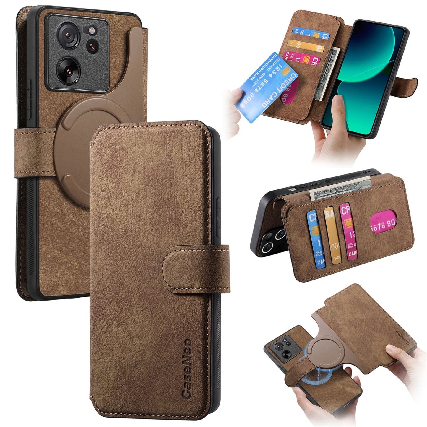 Xiaomi 13T/13T Pro Retro Leather Phone Case with Enhanced MagSafe Wireless Charging, RFID Anti-theft Protection, Kickstand & Magnetic Lock Wallet Cover