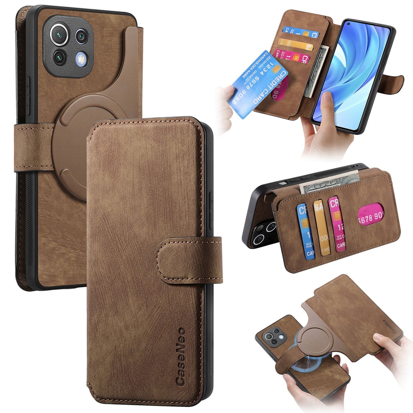 Xiaomi Mi 11 Lite Retro Leather Phone Case with Enhanced MagSafe Wireless Charging, RFID Anti-theft Protection, Kickstand & Magnetic Lock Wallet Cover