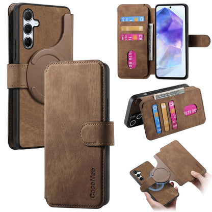 Samsung Galaxy A55 5G Retro Leather Phone Case with Enhanced MagSafe Wireless Charging, RFID Anti-theft Protection, Kickstand & Magnetic Lock Wallet Cover