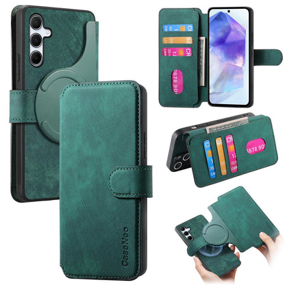 Samsung Galaxy A55 5G Retro Leather Phone Case with Enhanced MagSafe Wireless Charging, RFID Anti-theft Protection, Kickstand & Magnetic Lock Wallet Cover