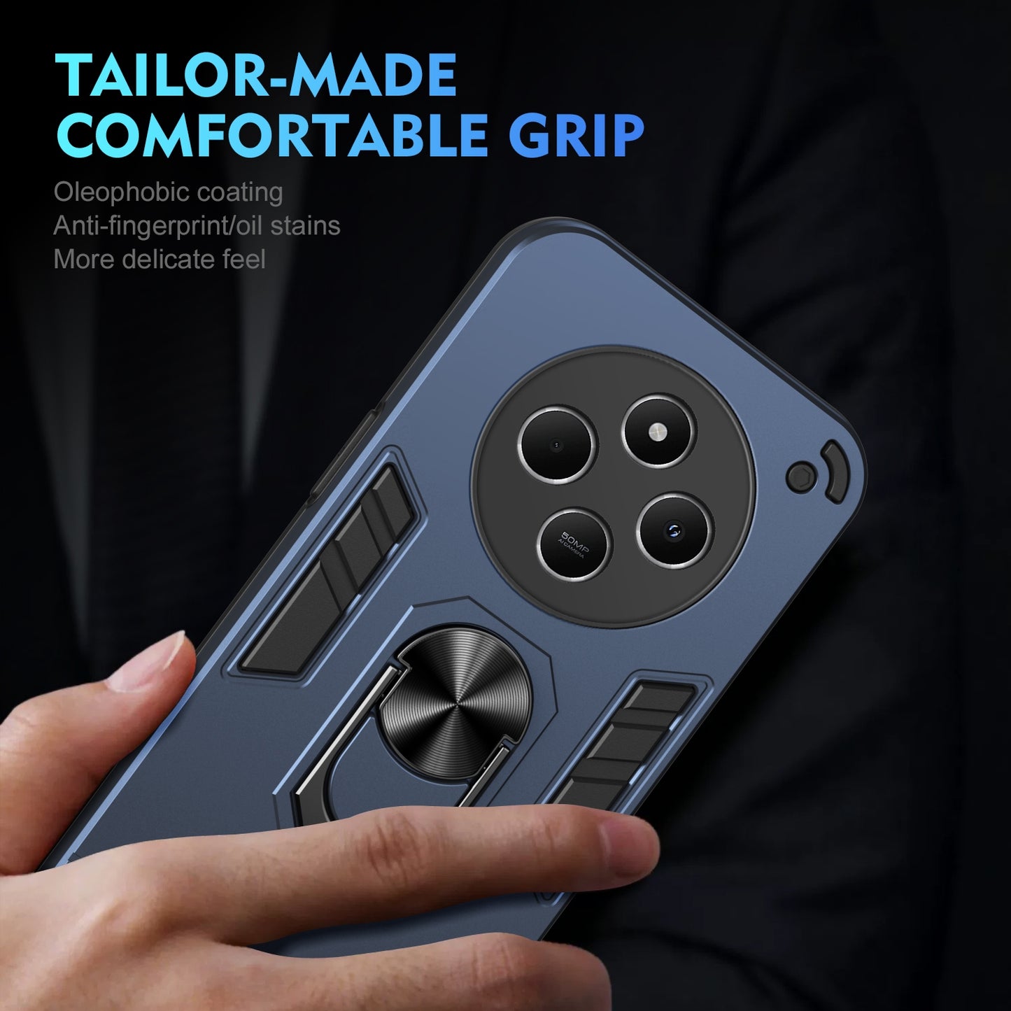 Shockproof Redmi 14C 4G Phone Case with 360° Rotatable Metal Ring Holder, Magnetic Car Mount Stand, Ultra-Thin PC & Silicone Protection Cover