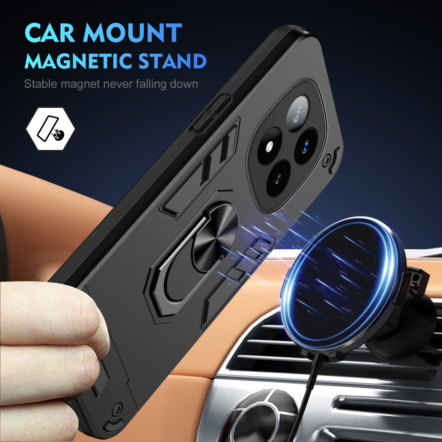 Shockproof Redmi Note 14 Pro+ 5G Phone Case with 360° Rotatable Metal Ring Holder, Magnetic Car Mount Stand, Ultra-Thin PC & Silicone Protection Cover