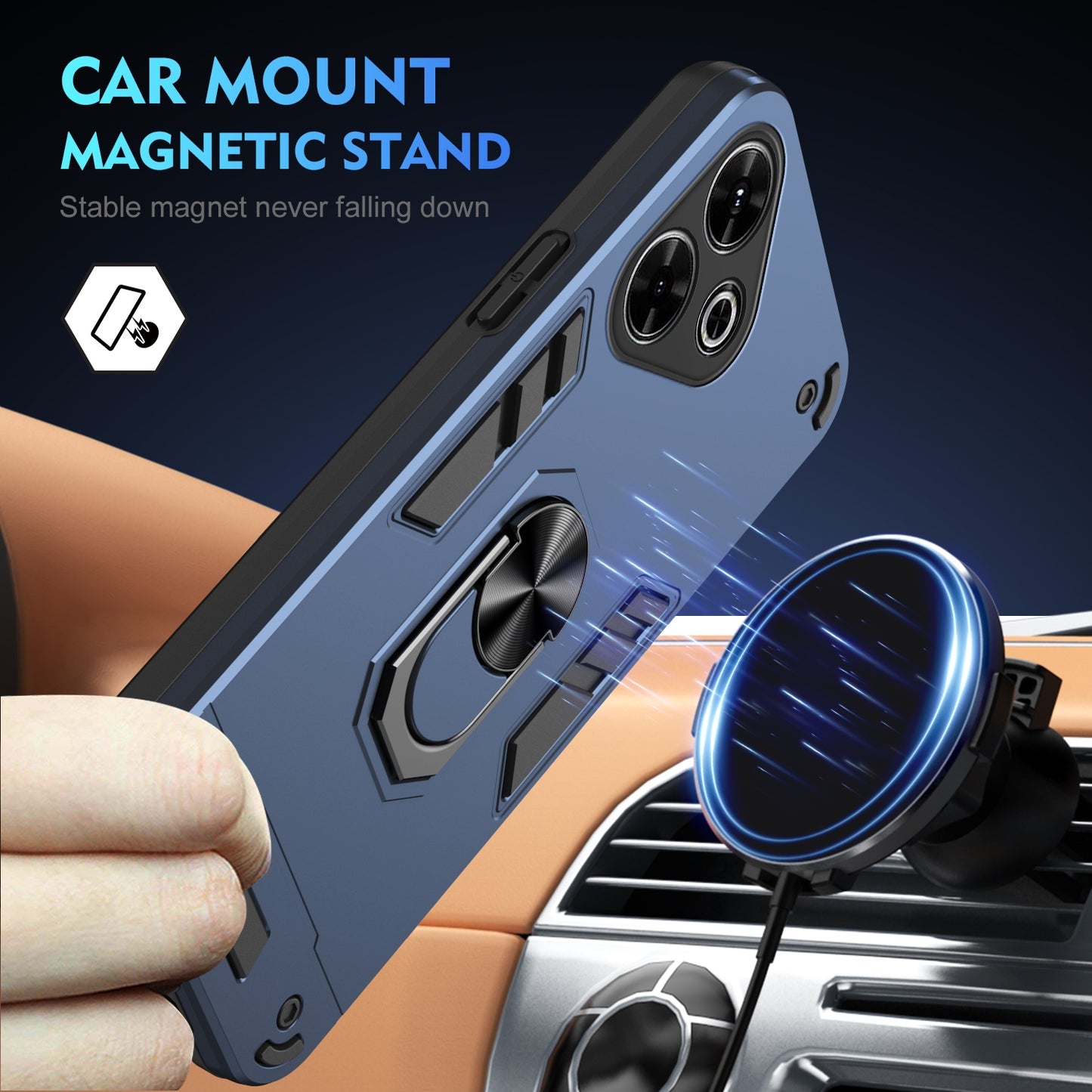 Shockproof Redmi 13 Phone Case with 360° Rotatable Metal Ring Holder, Magnetic Car Mount Stand, Ultra-Thin PC & Silicone Protection Cover