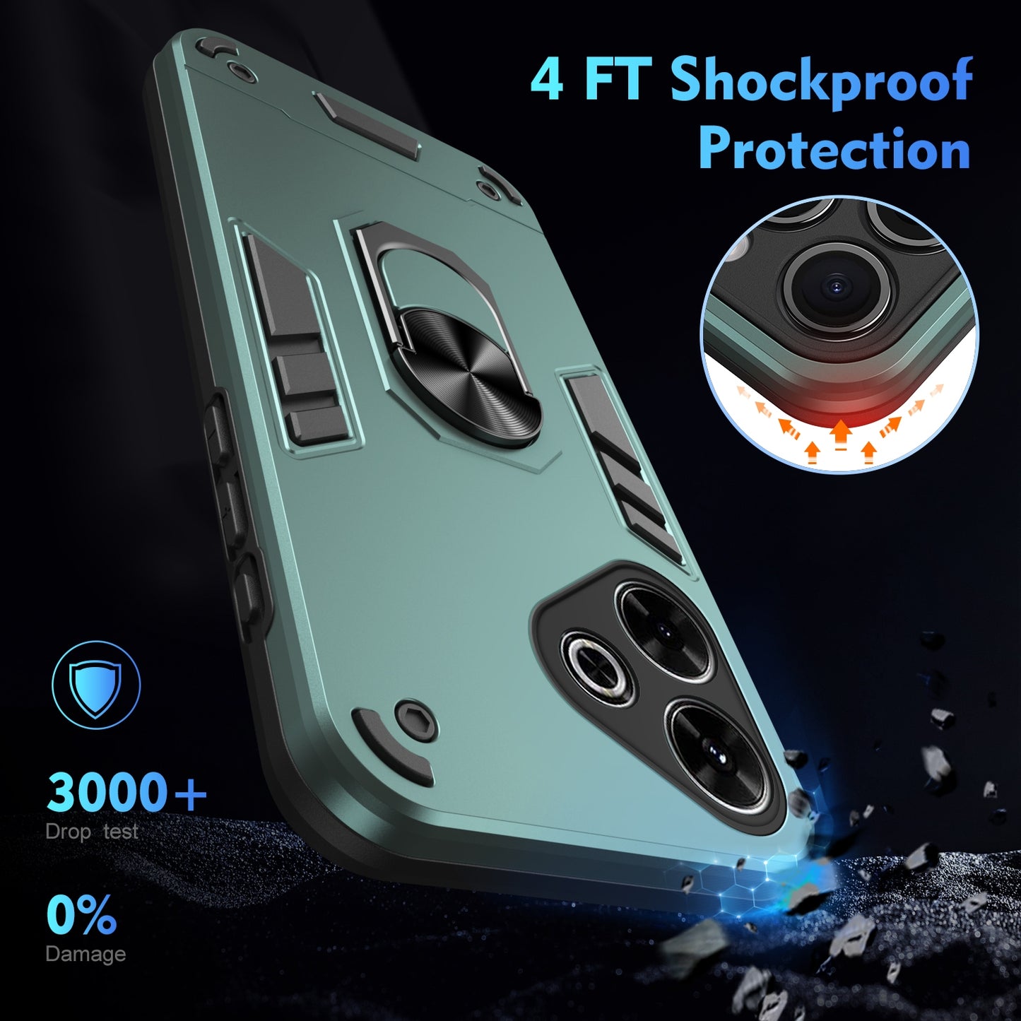 Shockproof Redmi 13 Phone Case with 360° Rotatable Metal Ring Holder, Magnetic Car Mount Stand, Ultra-Thin PC & Silicone Protection Cover